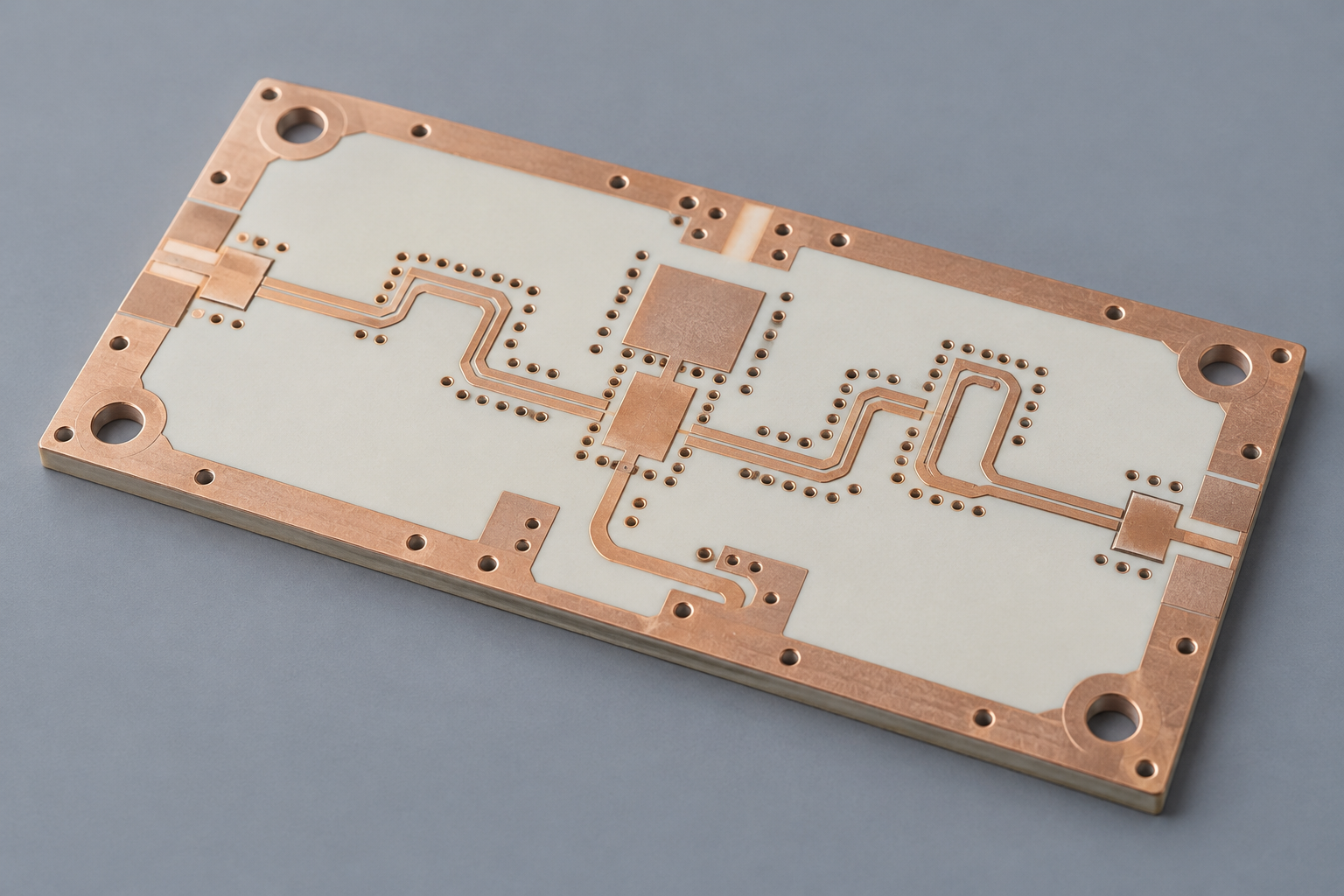 Conceptual bare RF circuit board with copper traces and via fences